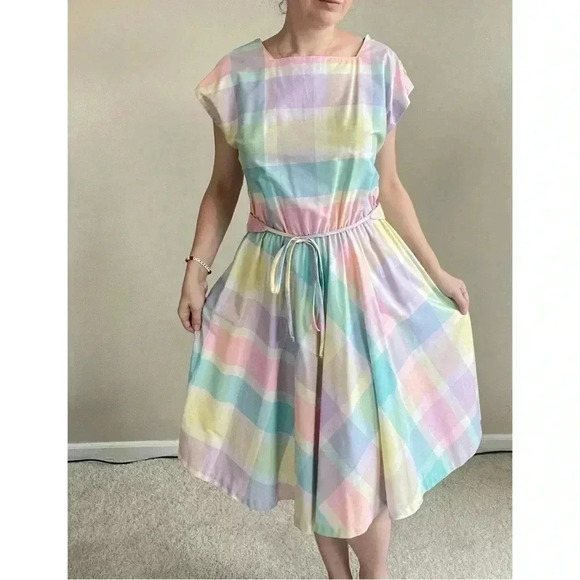 1980S PASTEL PLAID COTTON Vintage DRESS - Picture 2 of 8